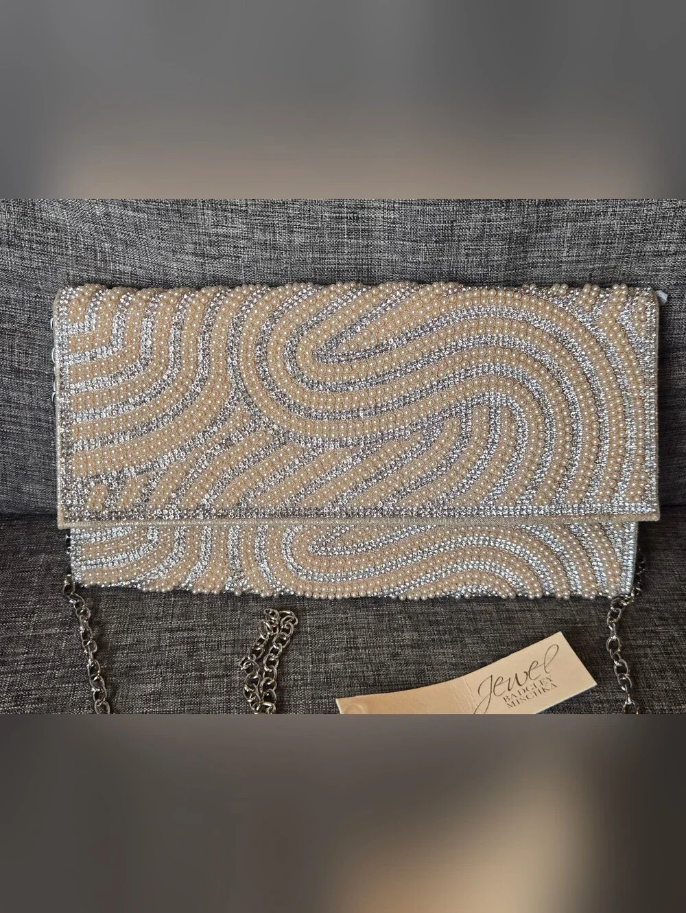 Badgley Mischa Jewel Elegant Gold Champagne Beaded Clutch With Silver Chain NWT